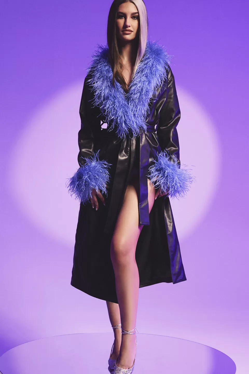 House of CB 'Calista' Black Vegan Leather Belted Feather Trim Maxi Coat New