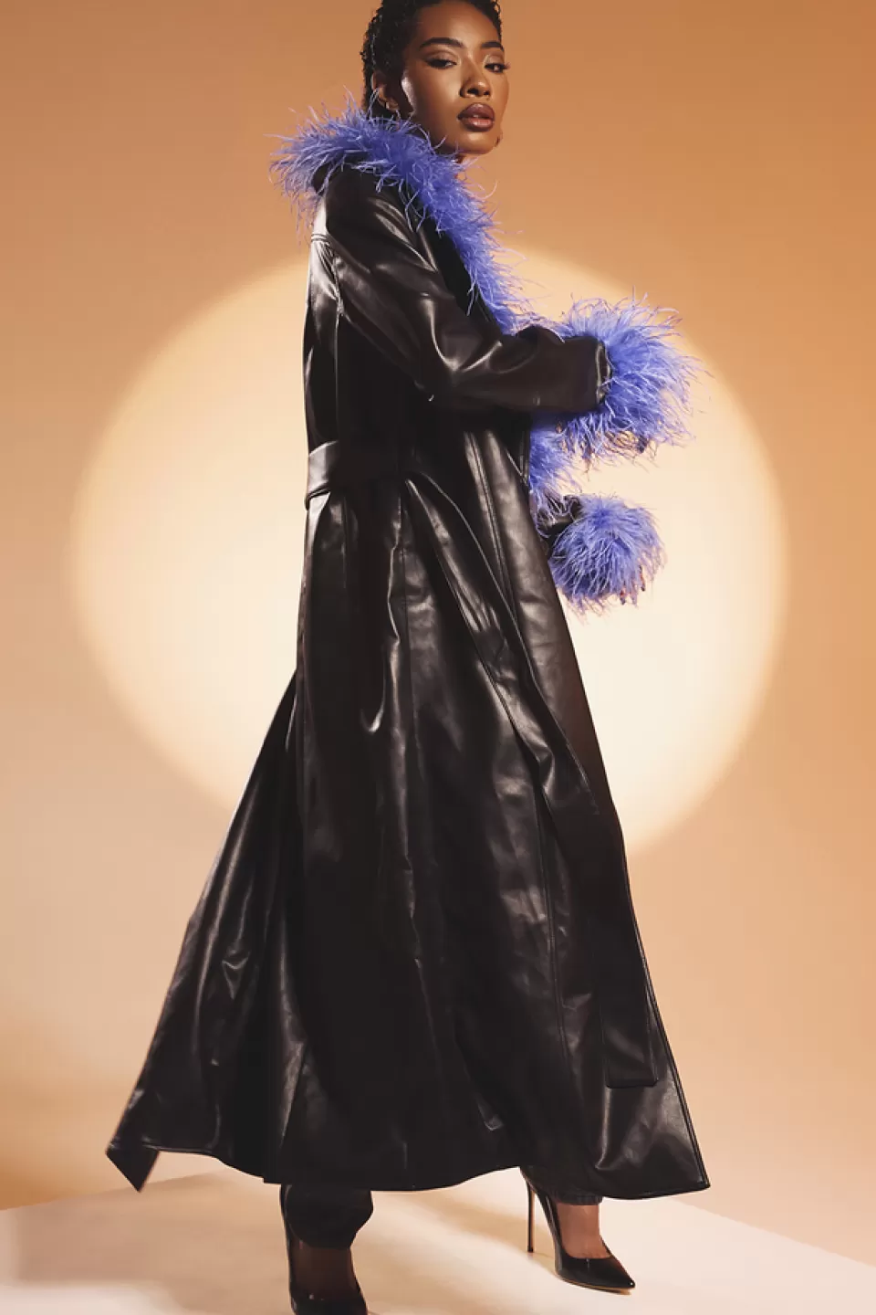 House of CB 'Calista' Black Vegan Leather Belted Feather Trim Maxi Coat New