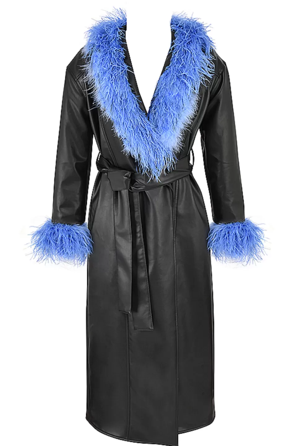 House of CB 'Calista' Black Vegan Leather Belted Feather Trim Maxi Coat New