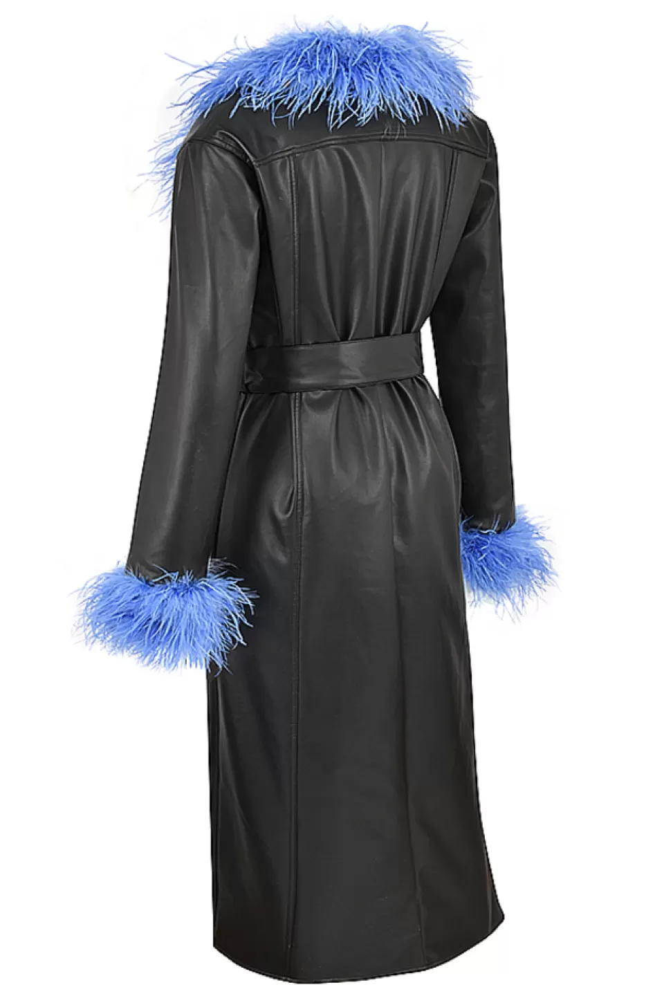House of CB 'Calista' Black Vegan Leather Belted Feather Trim Maxi Coat New