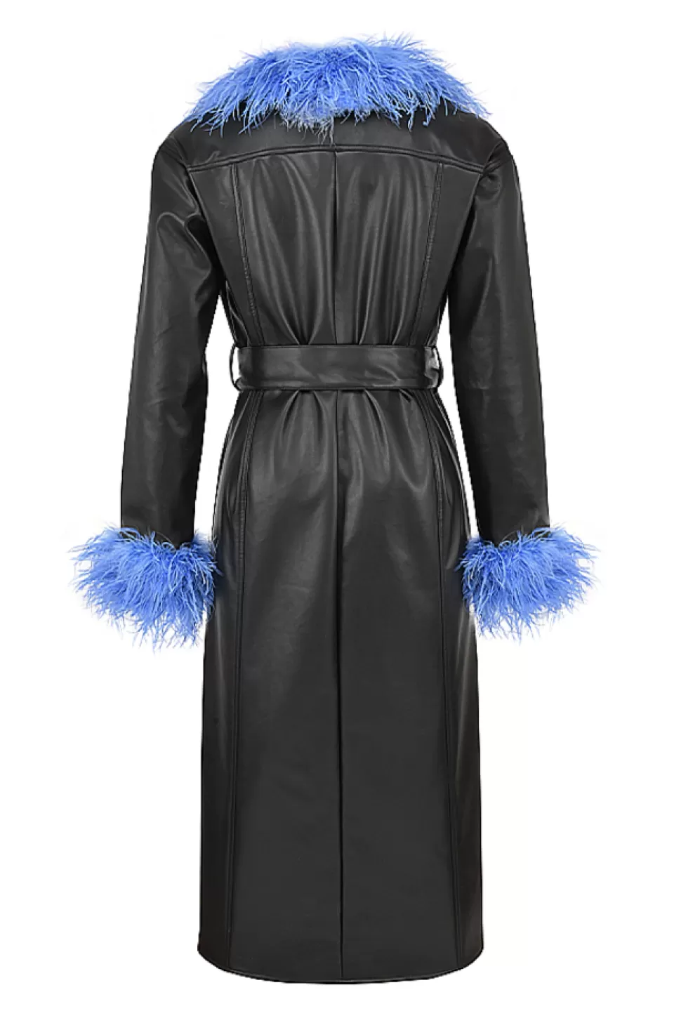 House of CB 'Calista' Black Vegan Leather Belted Feather Trim Maxi Coat New