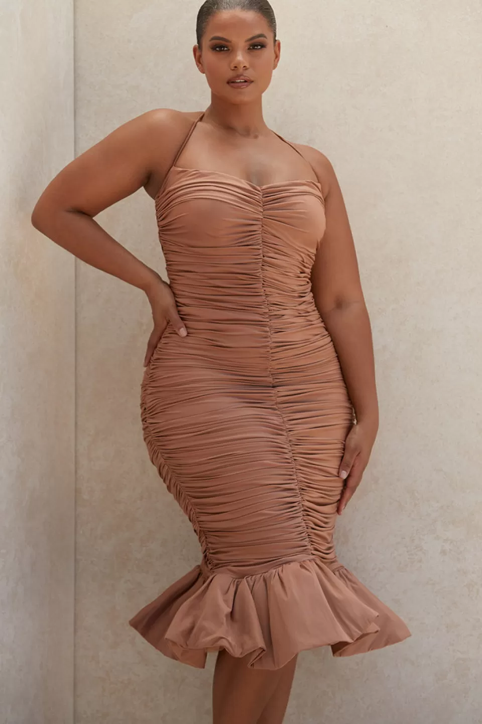House of CB 'Claudine' Tan Ruffle Midi Dress Hot