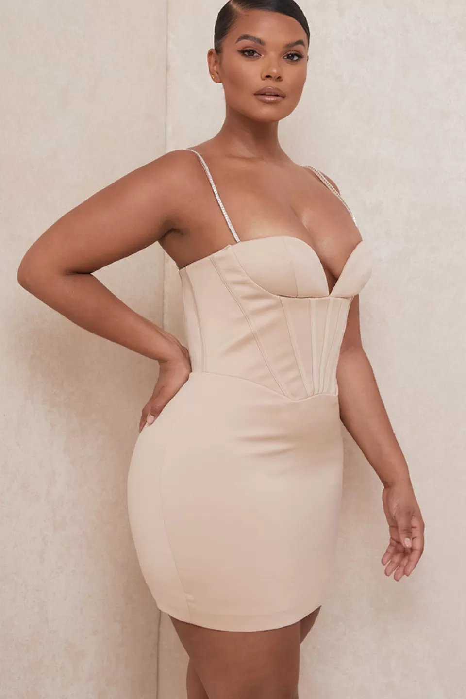 House of CB 'Cordelia' Beige Corset Mini Dress with Crystal Straps New