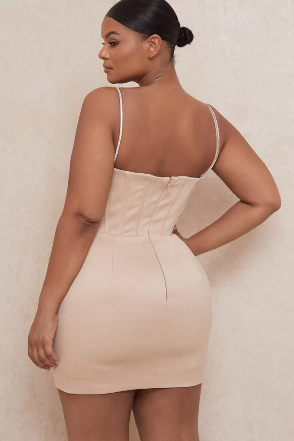 House of CB 'Cordelia' Beige Corset Mini Dress with Crystal Straps New