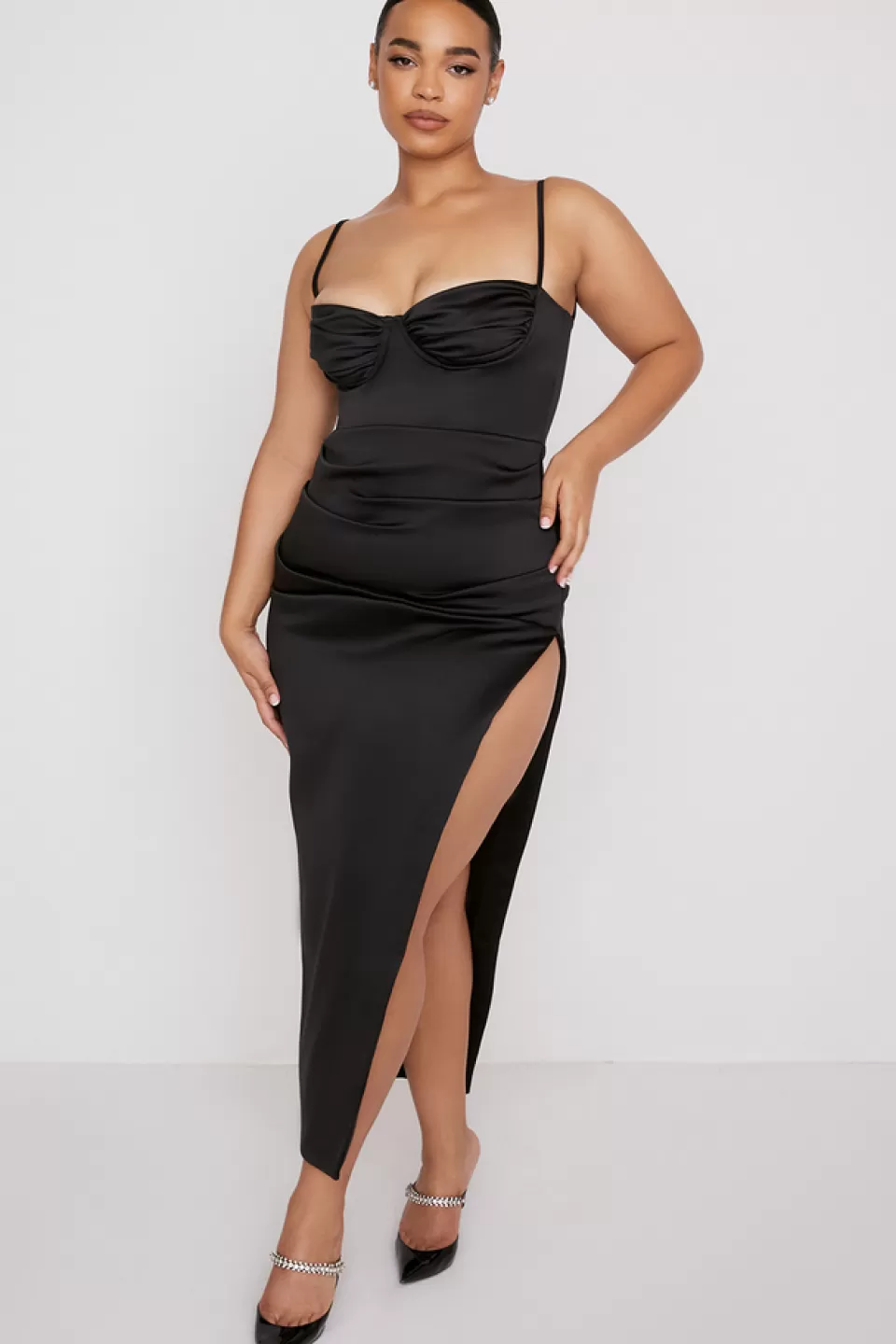 House of CB 'Flora' Black Satin Pleated Corset Midi Dress Online
