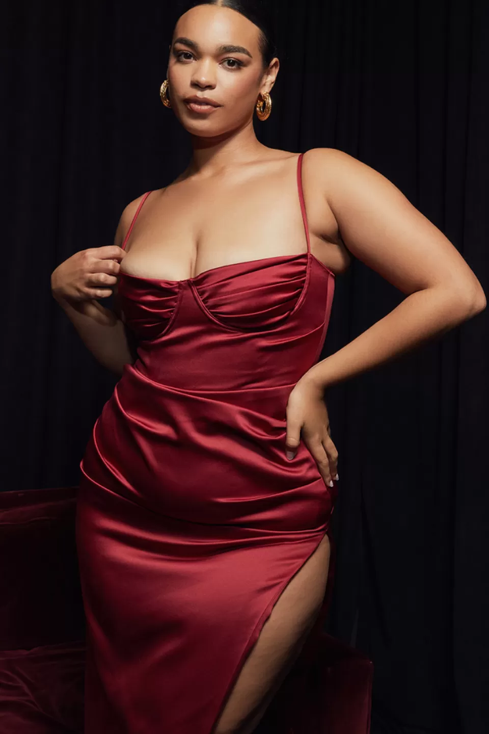 House of CB 'Flora' Wine Satin Pleated Corset Midi Dress Sale