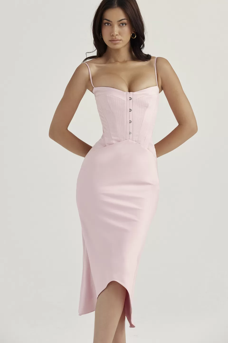 House of CB 'Imogen' Rose Pink Satin Corset Midi Dress Clearance