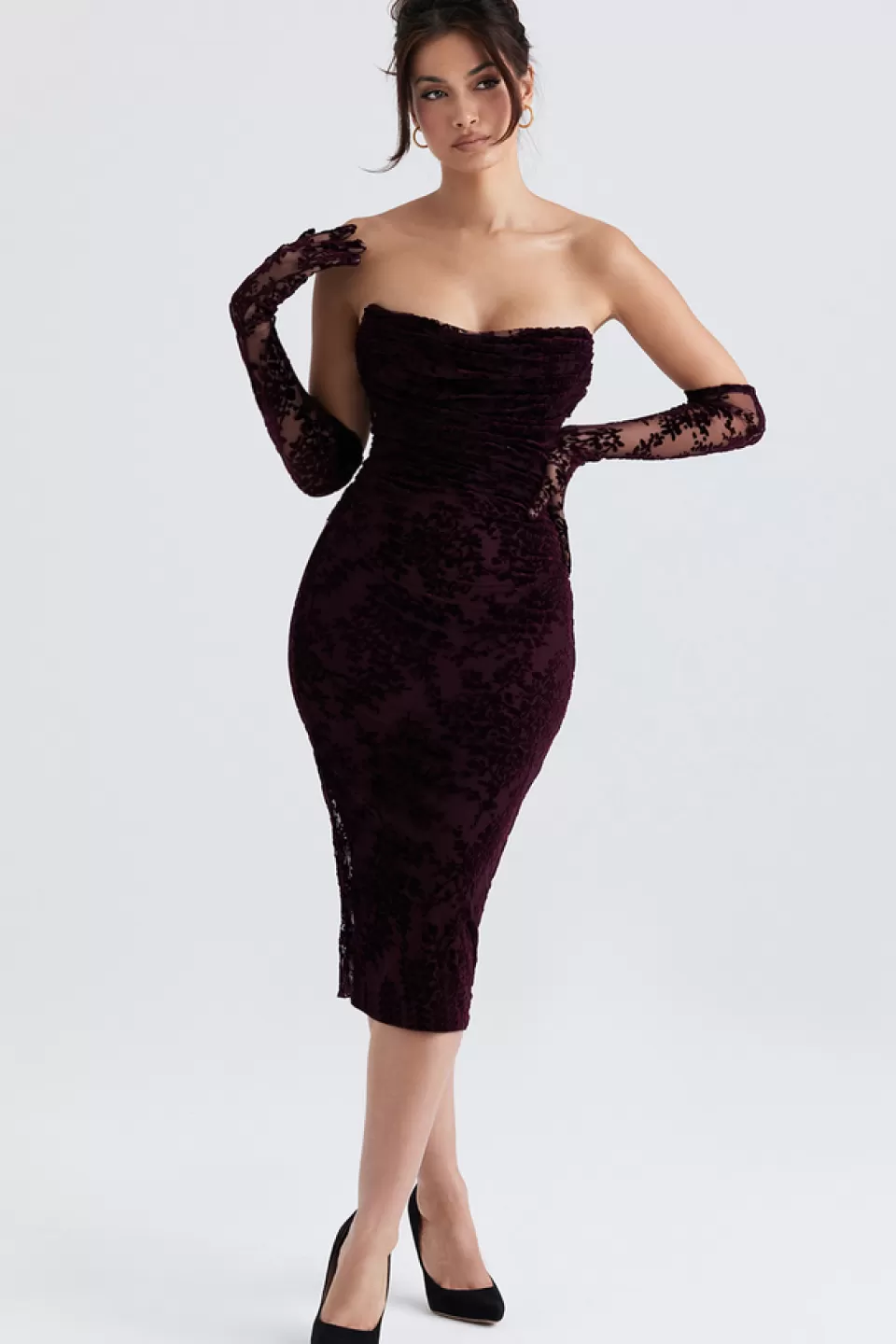 House of CB 'Isadora' Black Cherry Devore Corset Dress Outlet