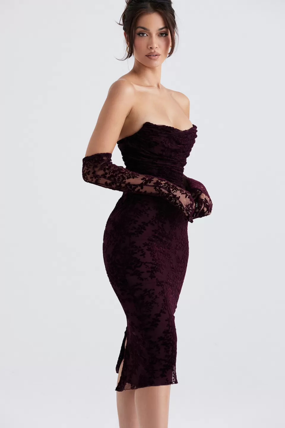 House of CB 'Isadora' Black Cherry Devore Corset Dress Outlet