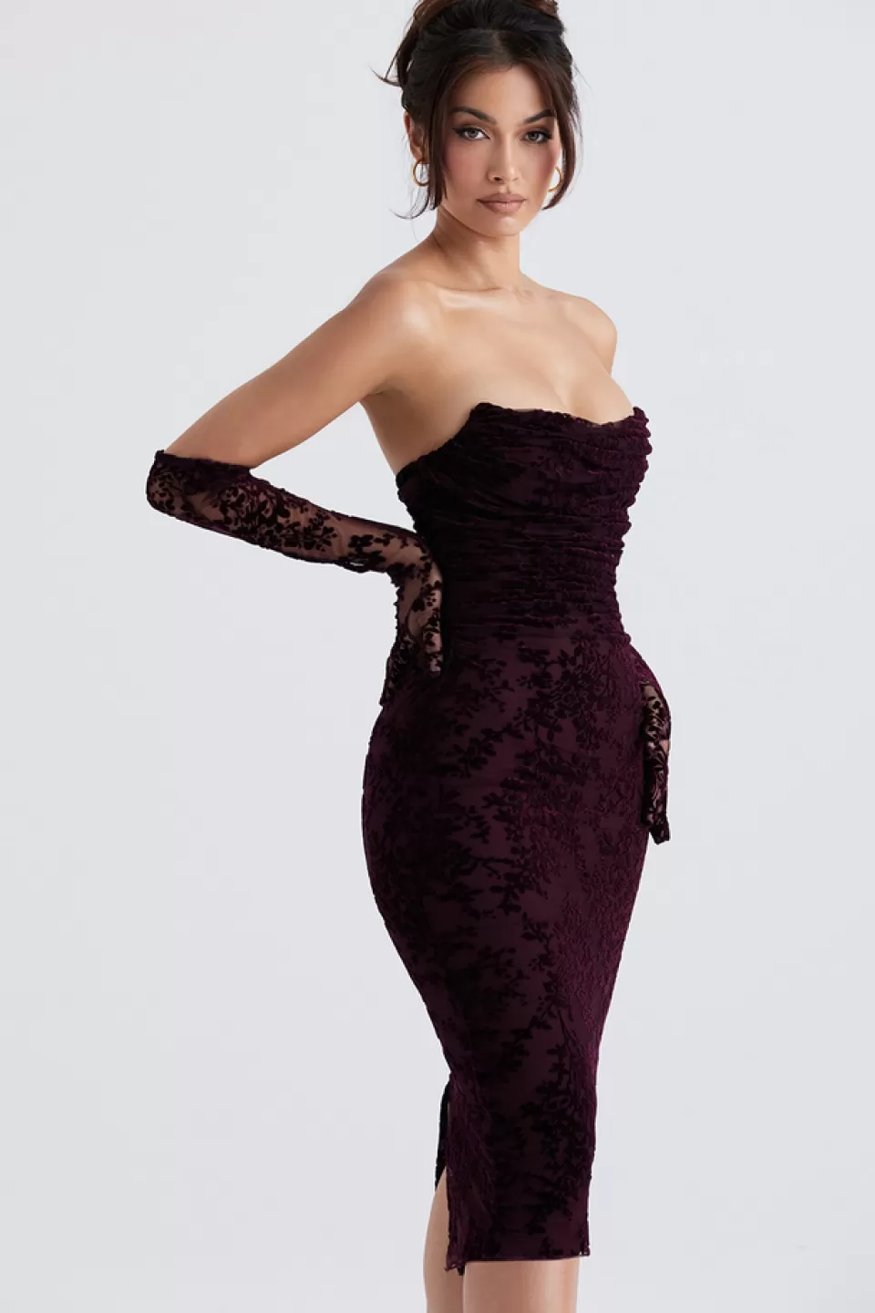House of CB 'Isadora' Black Cherry Devore Corset Dress Outlet