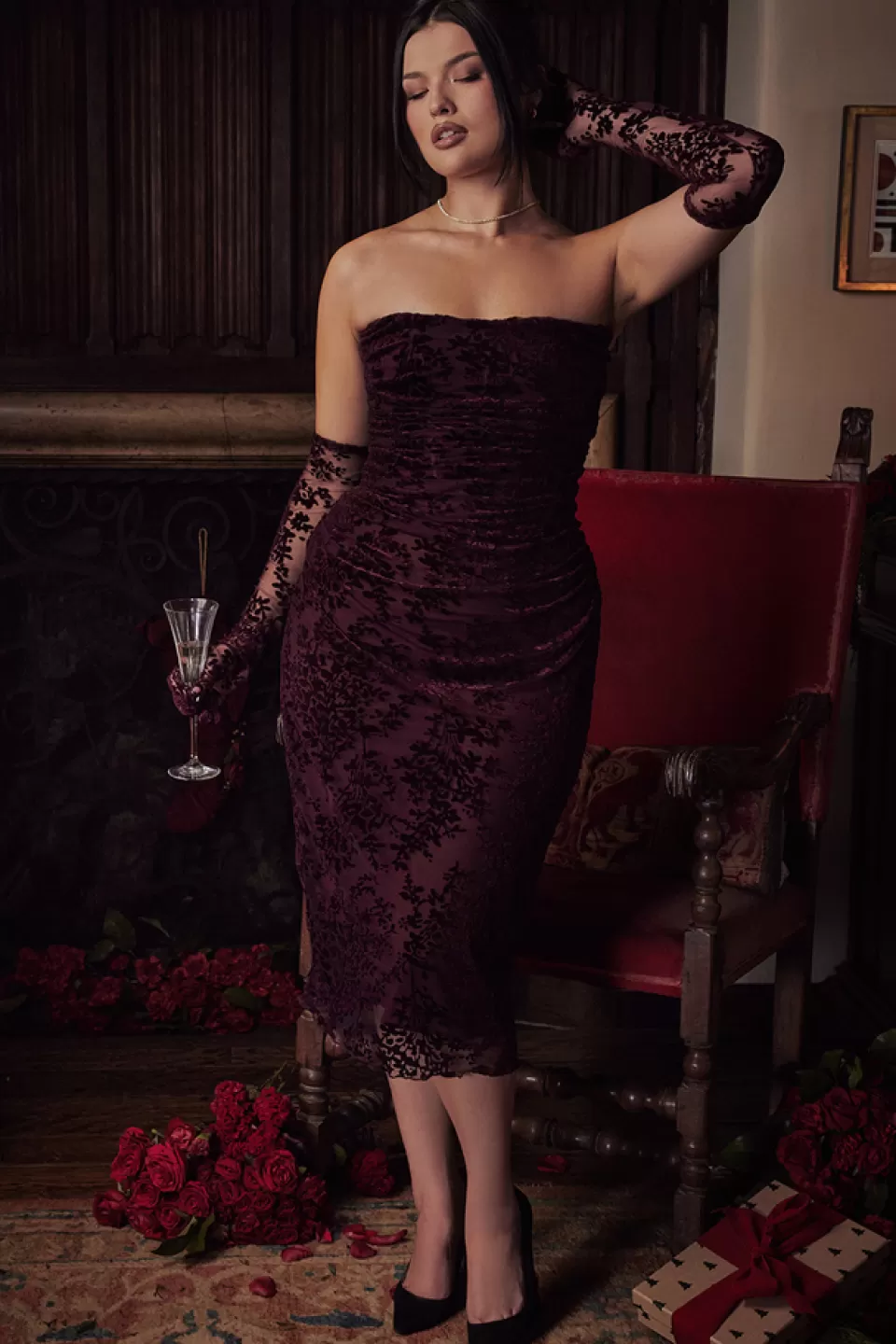 House of CB 'Isadora' Black Cherry Devore Corset Dress Outlet