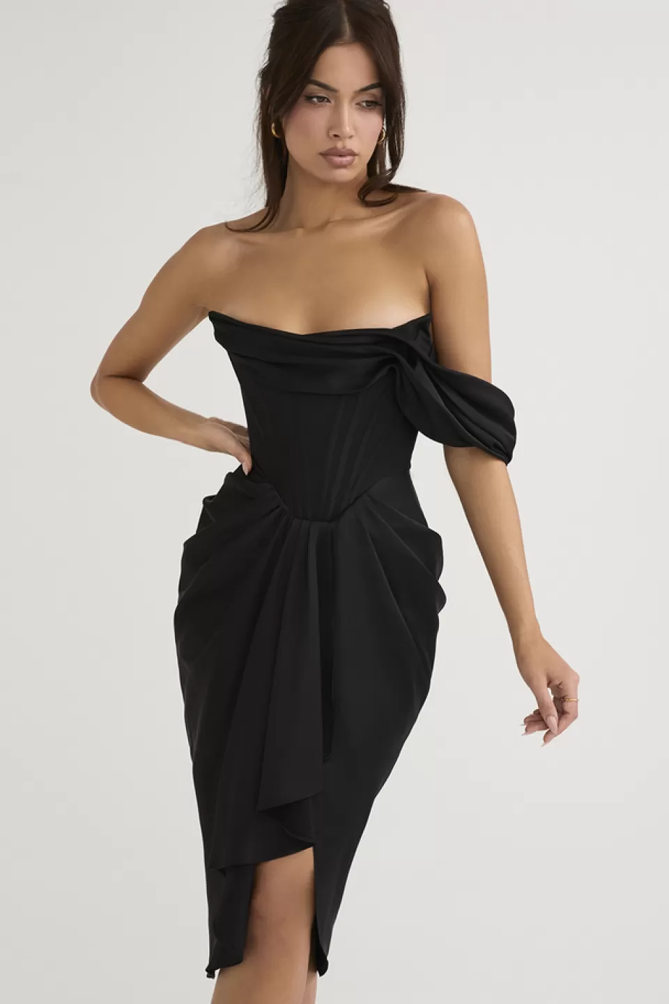 House of CB 'Janis' Black Satin Corset Midi Dress Clearance