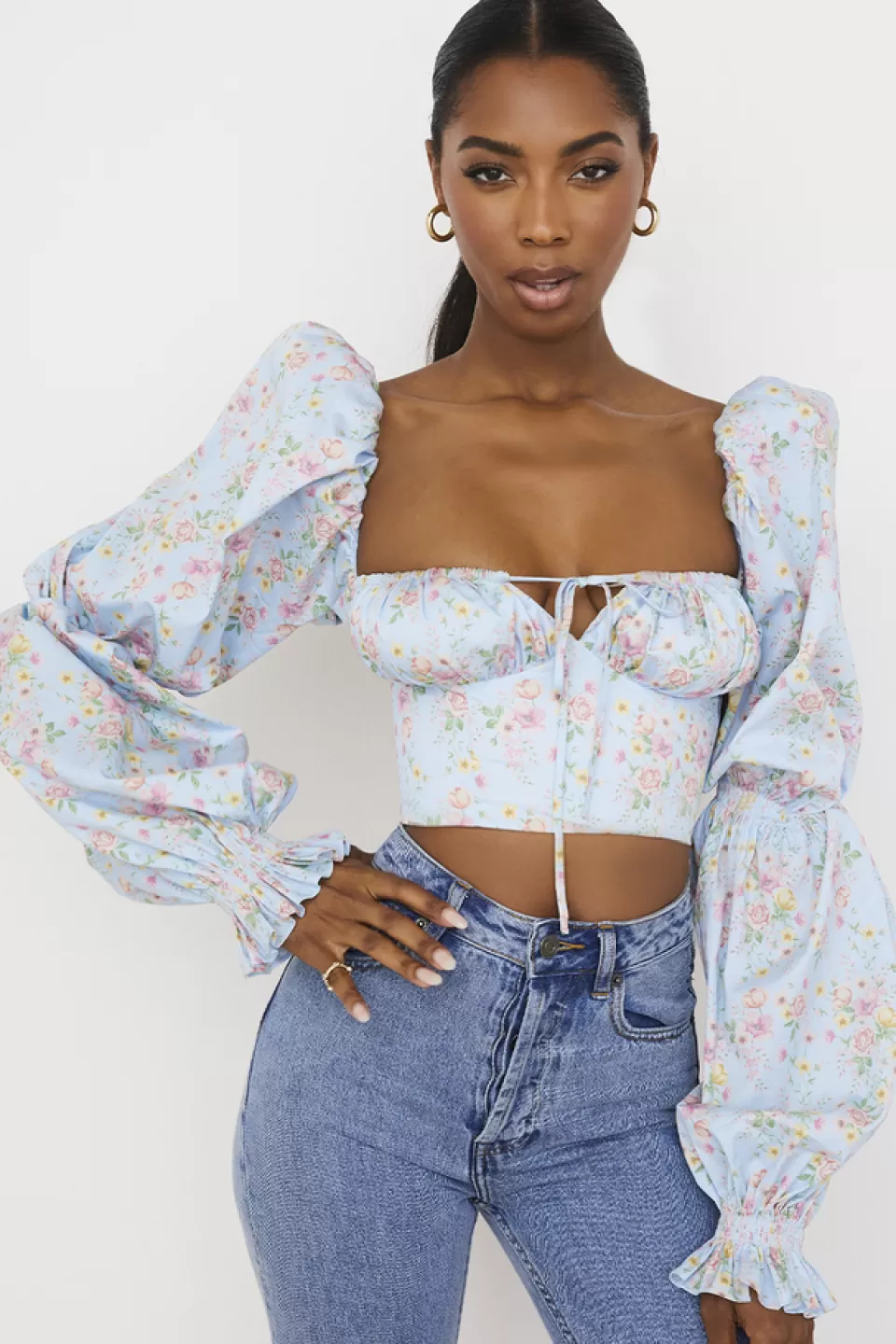 House of CB 'Millicent' Blue Vintage Floral Cropped Corset Top Flash Sale