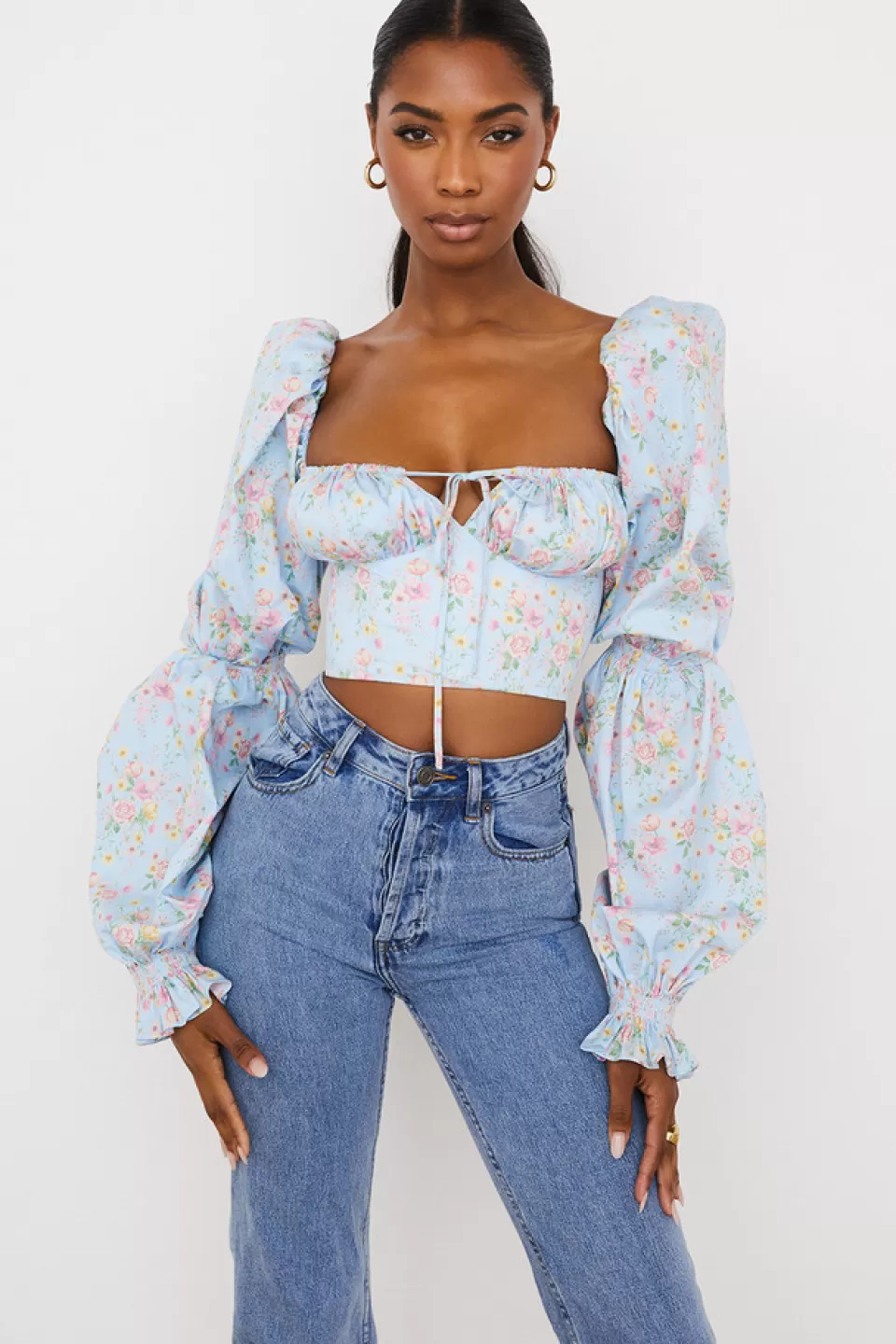 House of CB 'Millicent' Blue Vintage Floral Cropped Corset Top Flash Sale