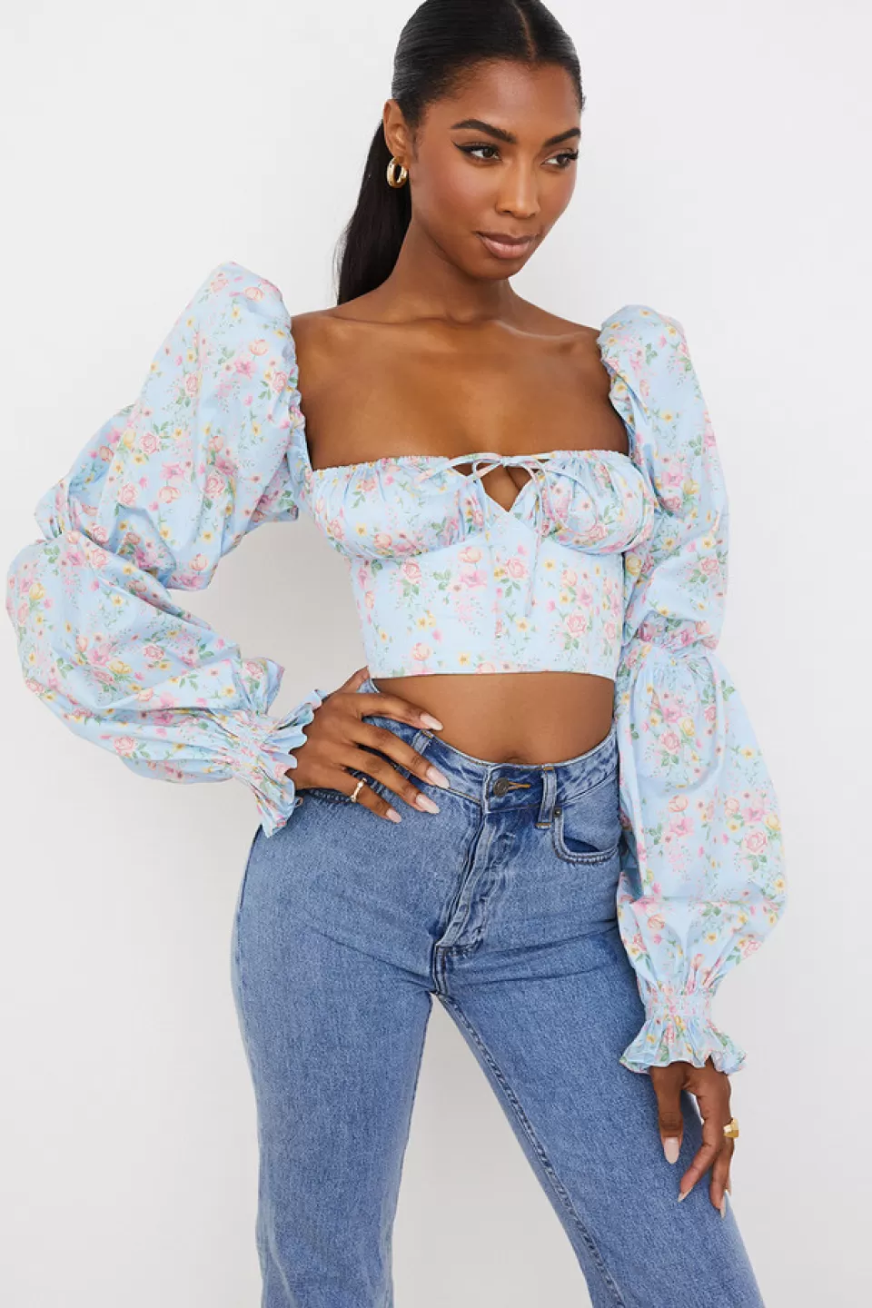 House of CB 'Millicent' Blue Vintage Floral Cropped Corset Top Flash Sale