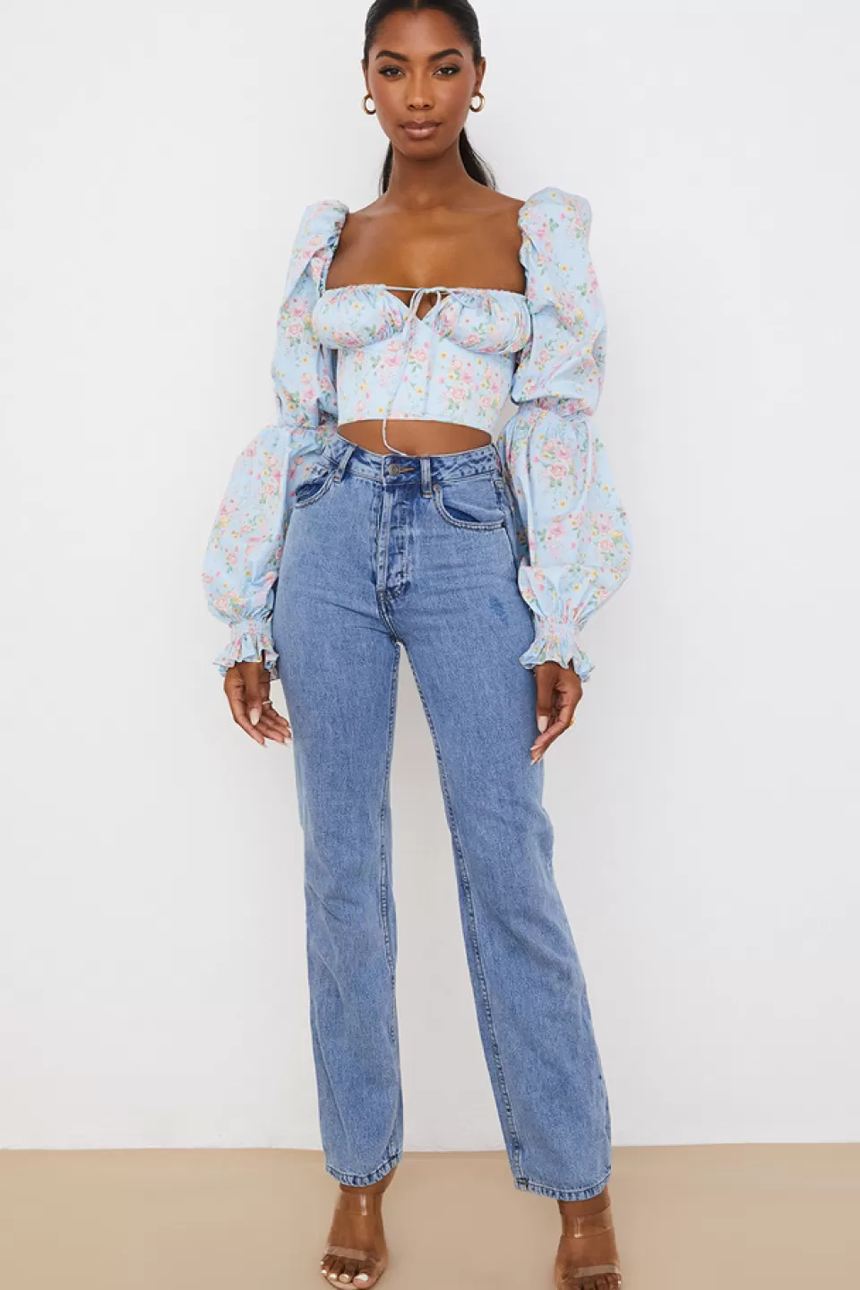 House of CB 'Millicent' Blue Vintage Floral Cropped Corset Top Flash Sale
