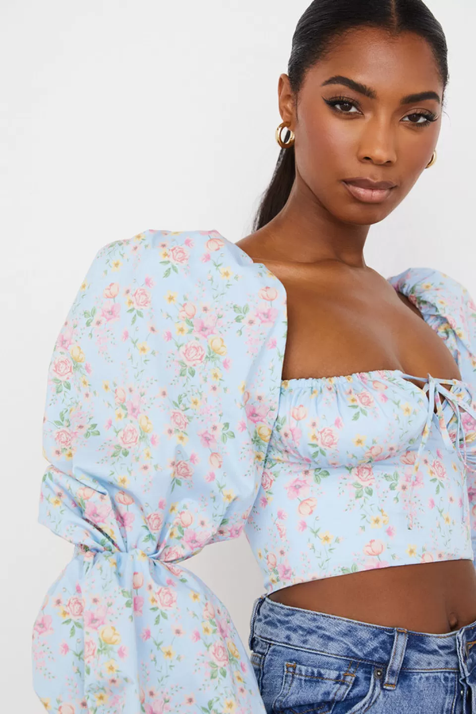House of CB 'Millicent' Blue Vintage Floral Cropped Corset Top Flash Sale
