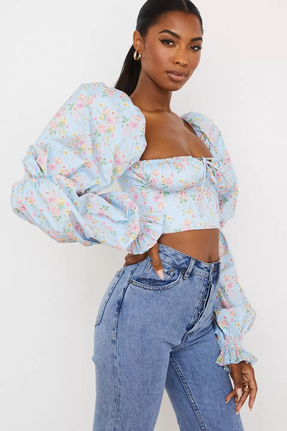 House of CB 'Millicent' Blue Vintage Floral Cropped Corset Top Flash Sale
