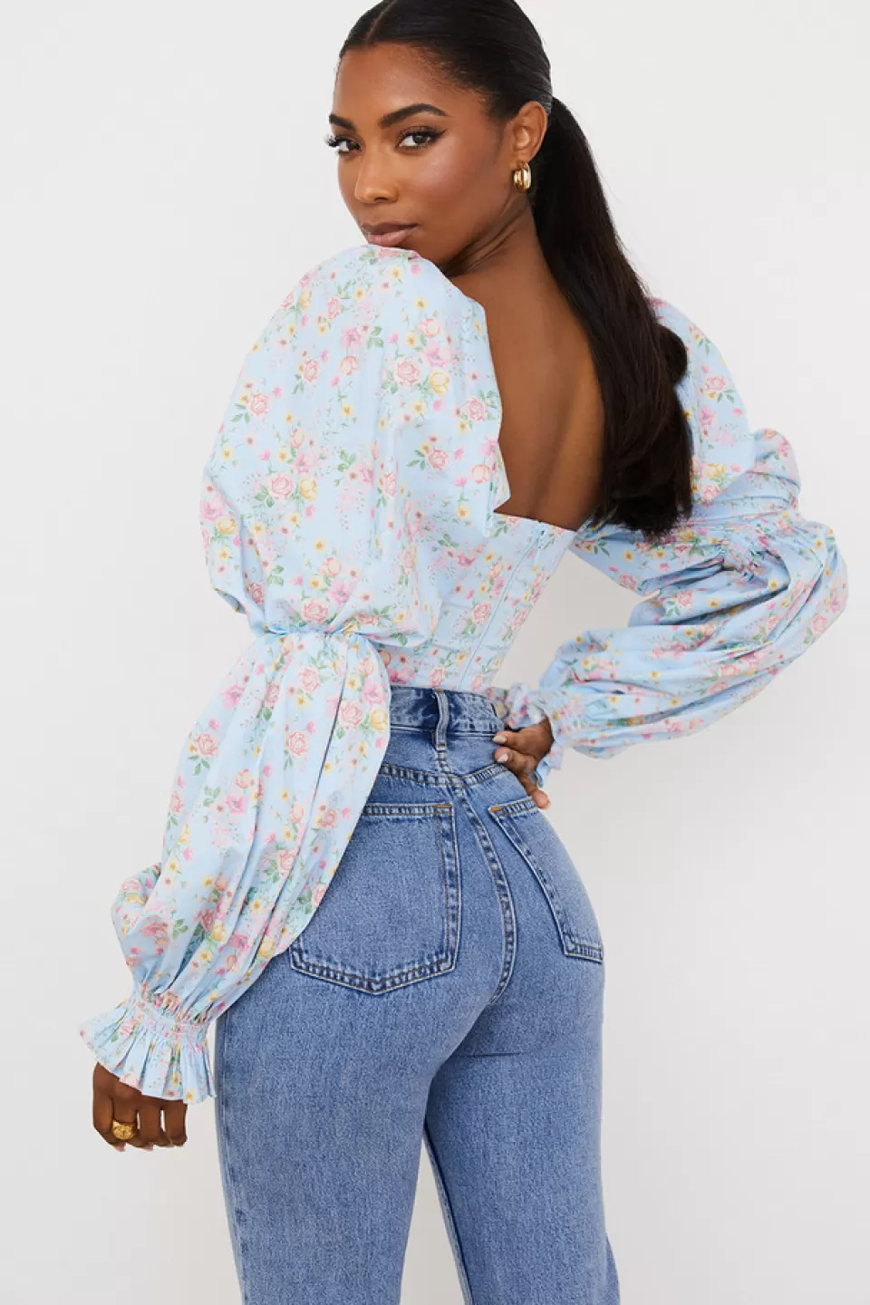House of CB 'Millicent' Blue Vintage Floral Cropped Corset Top Flash Sale