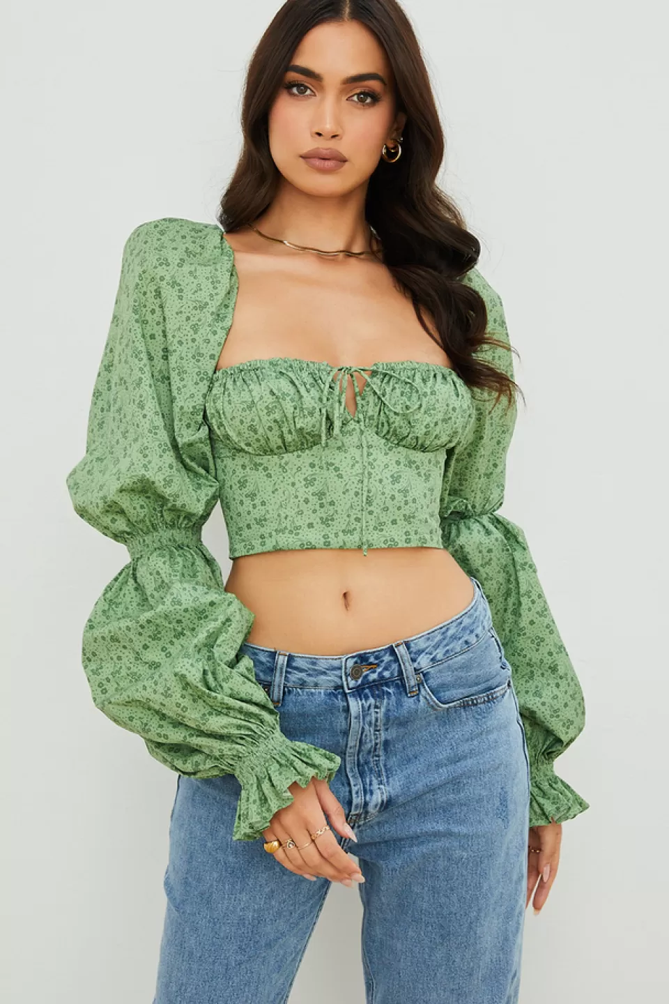 House of CB 'Millicent' Green Tonal Floral Cropped Corset Top Store