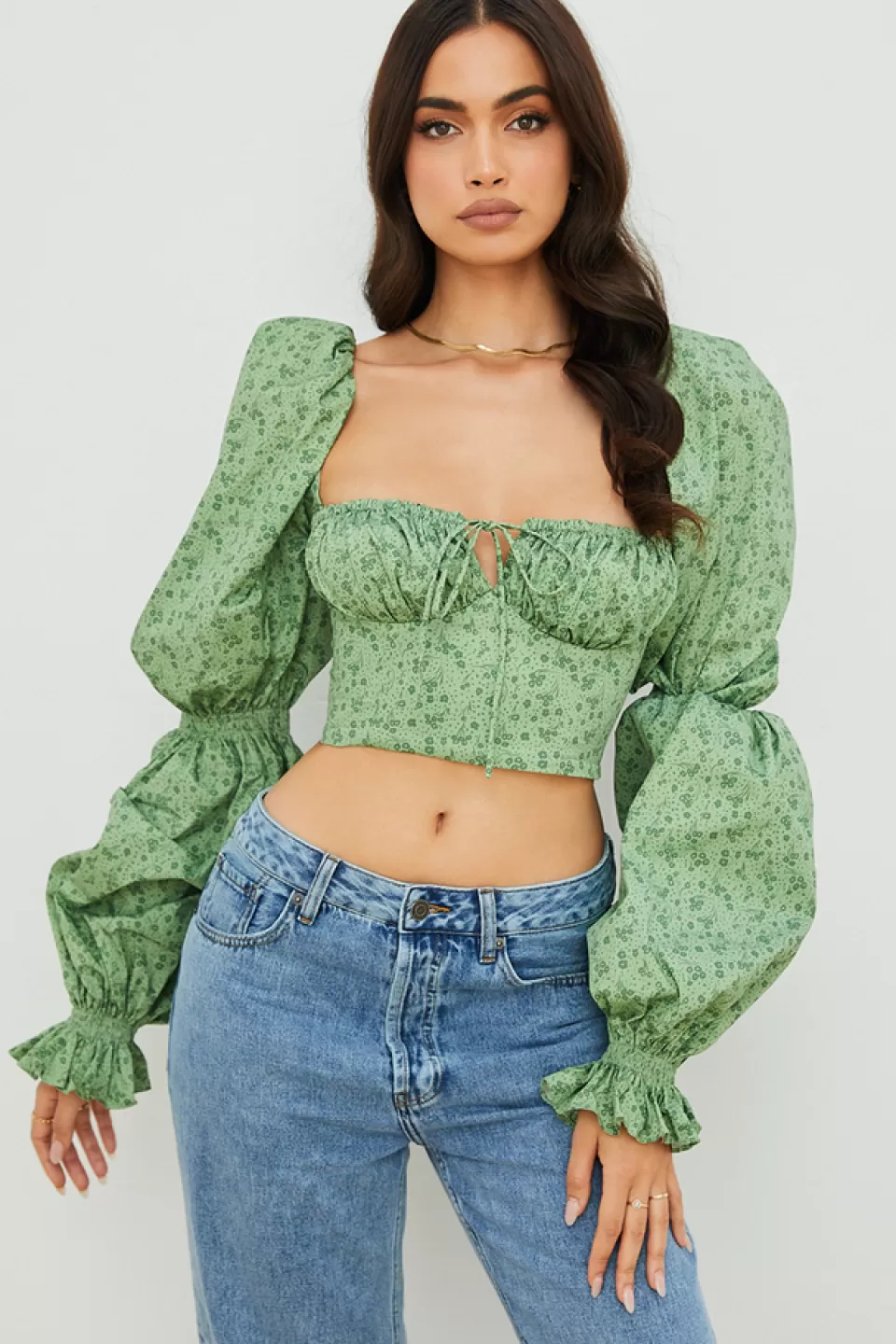 House of CB 'Millicent' Green Tonal Floral Cropped Corset Top Store