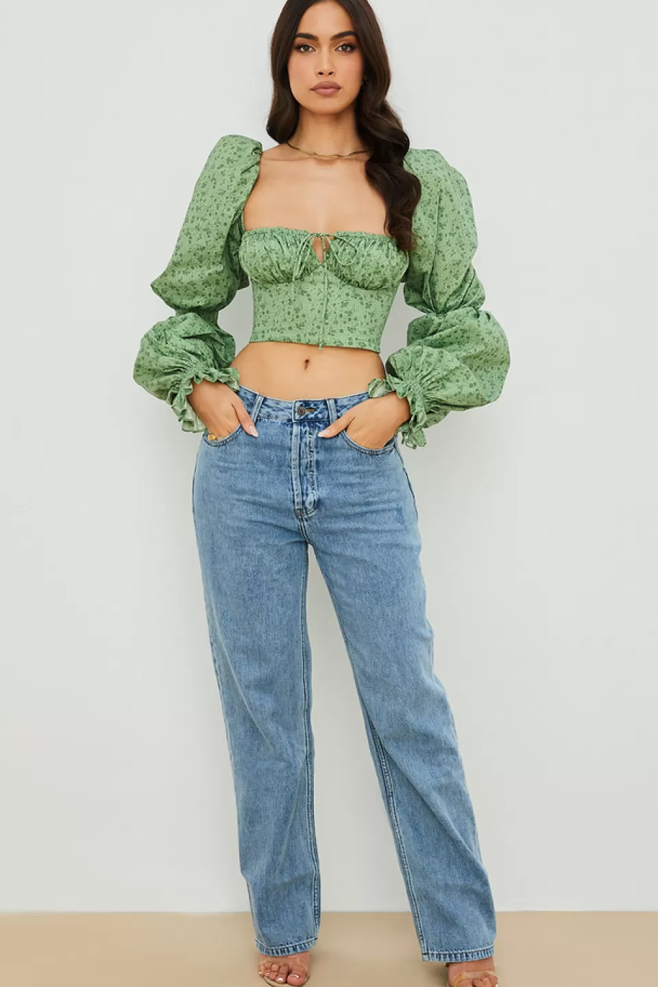 House of CB 'Millicent' Green Tonal Floral Cropped Corset Top Store