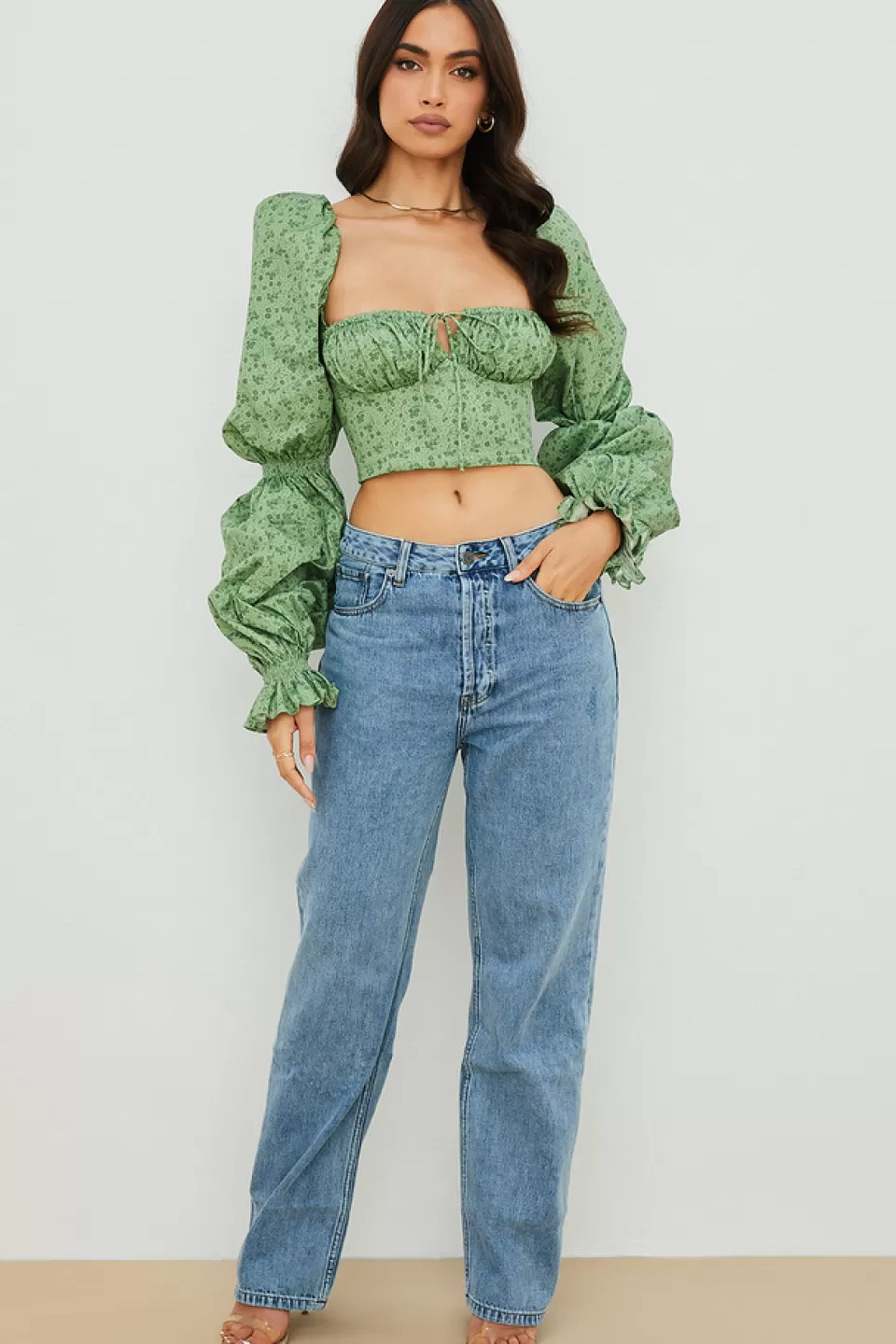 House of CB 'Millicent' Green Tonal Floral Cropped Corset Top Store