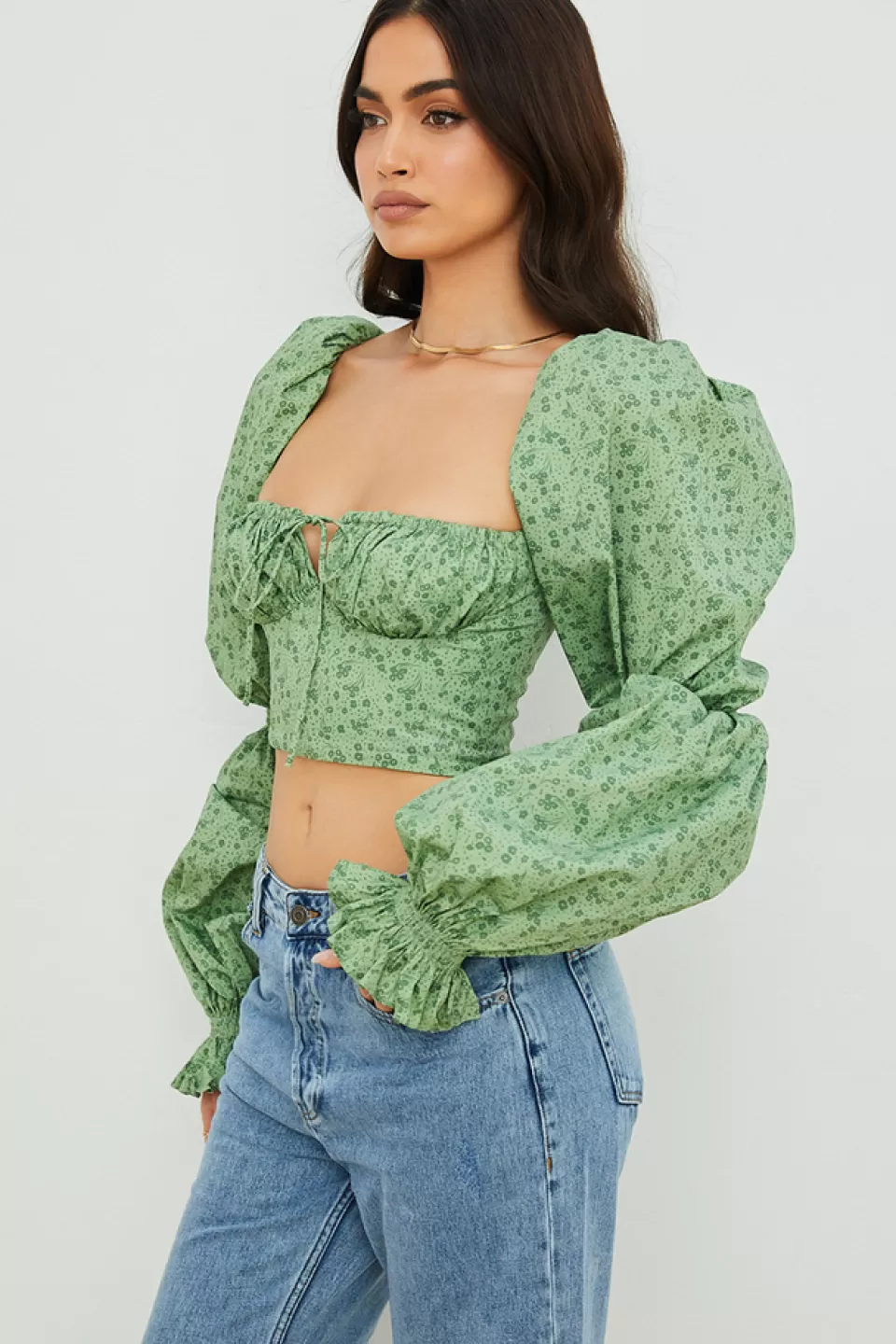House of CB 'Millicent' Green Tonal Floral Cropped Corset Top Store