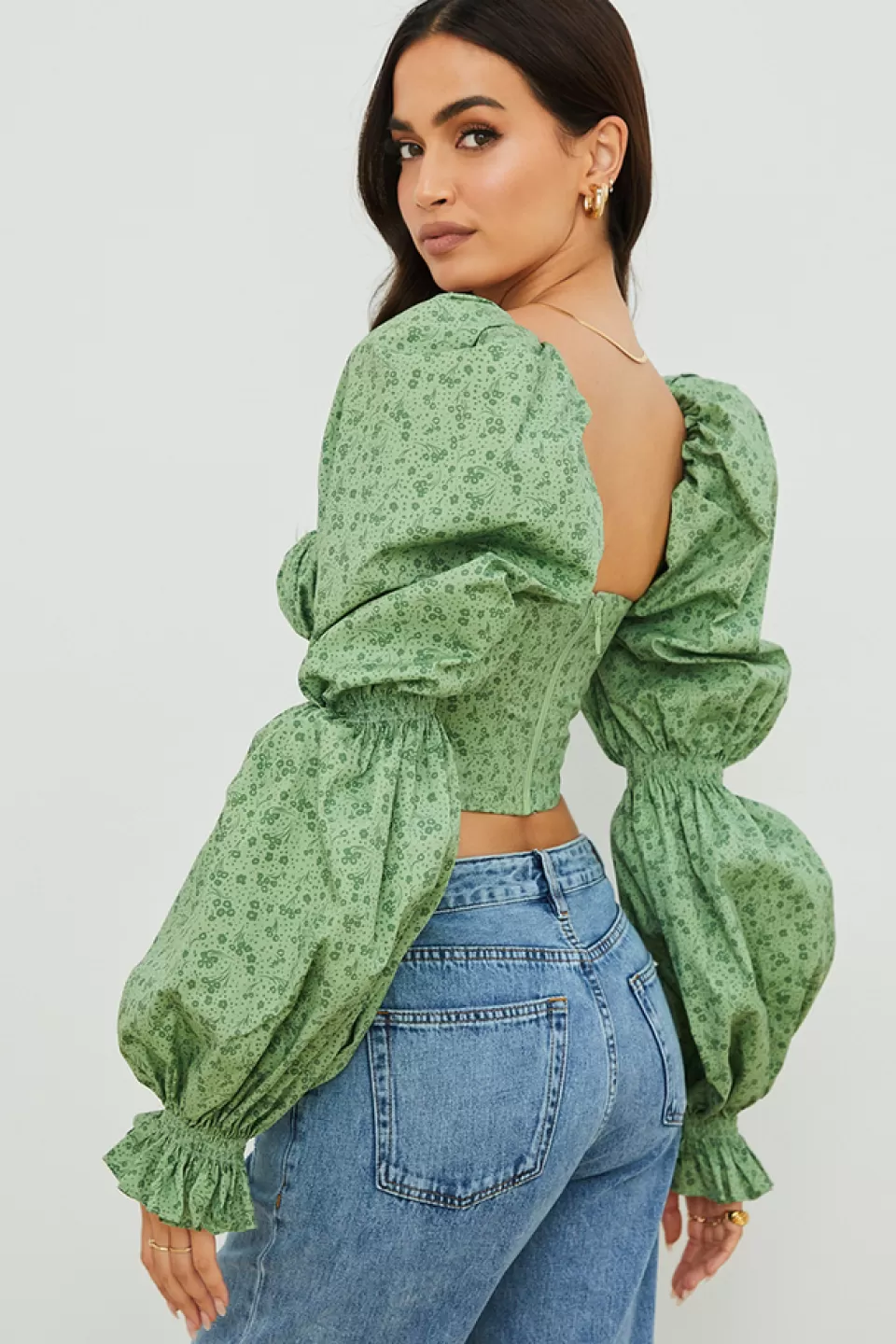 House of CB 'Millicent' Green Tonal Floral Cropped Corset Top Store