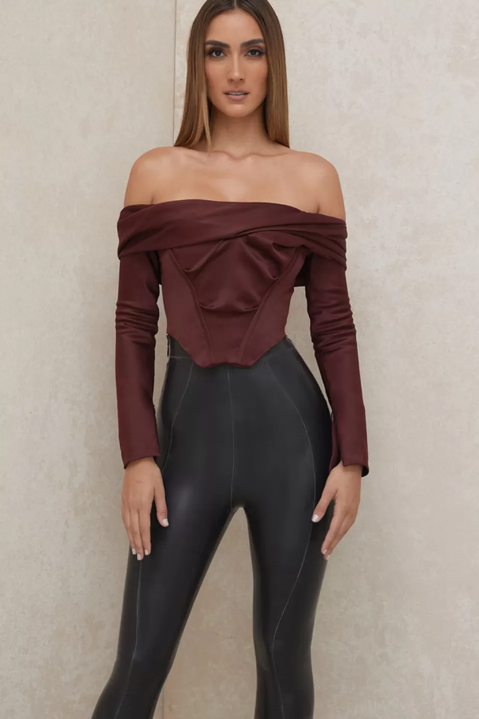 House of CB 'Morgan' Raisin Satin Off Shoulder Draped Corset Online