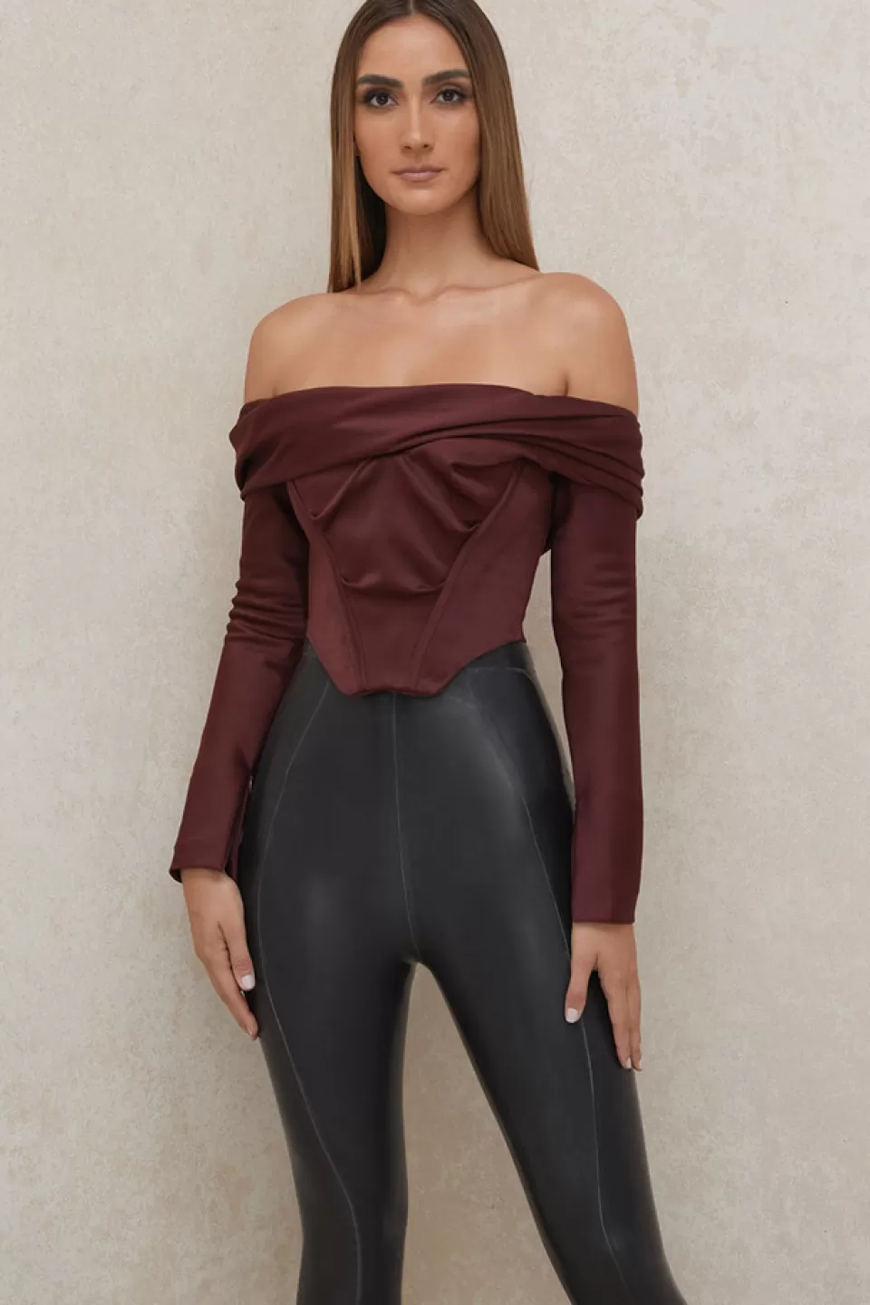 House of CB 'Morgan' Raisin Satin Off Shoulder Draped Corset Online