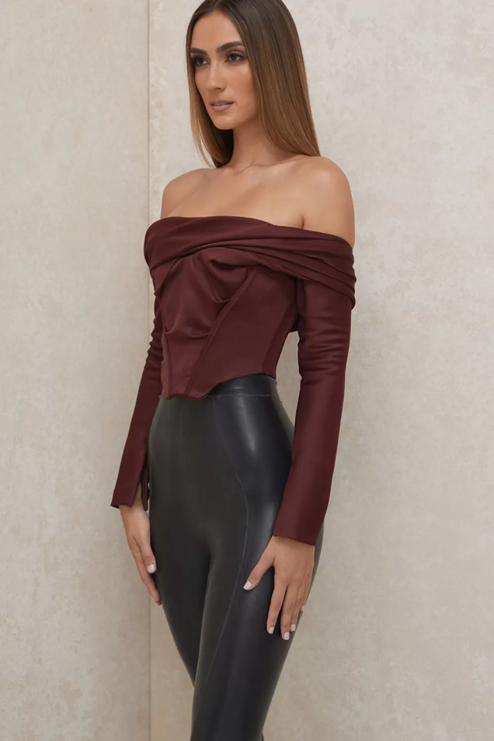 House of CB 'Morgan' Raisin Satin Off Shoulder Draped Corset Online