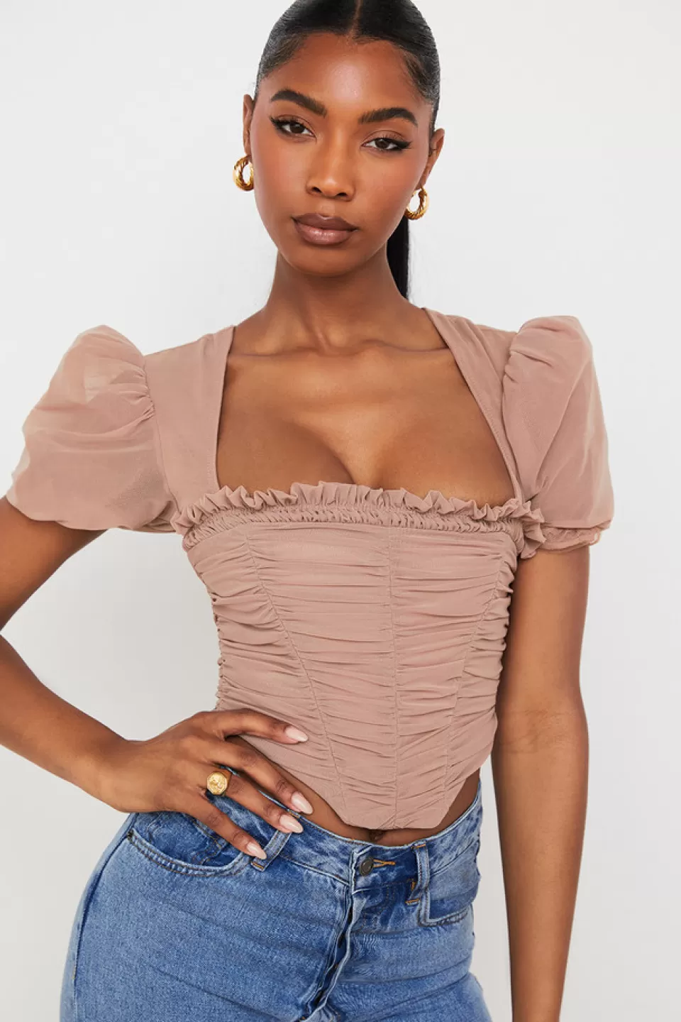 House of CB 'Nora' Tan Mesh Puff Sleeve Gathered Corset New