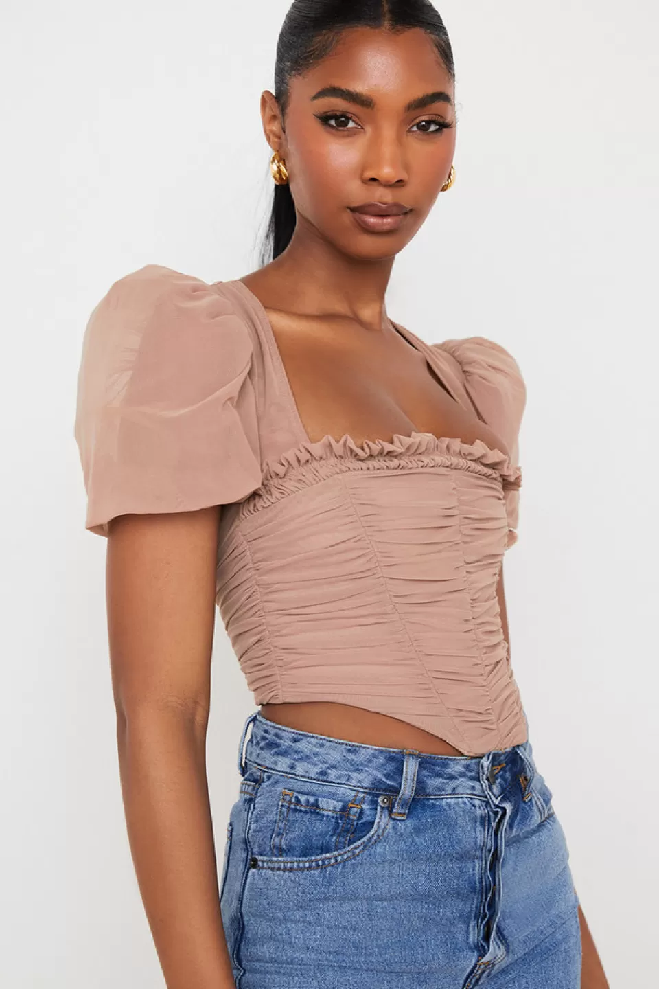 House of CB 'Nora' Tan Mesh Puff Sleeve Gathered Corset New