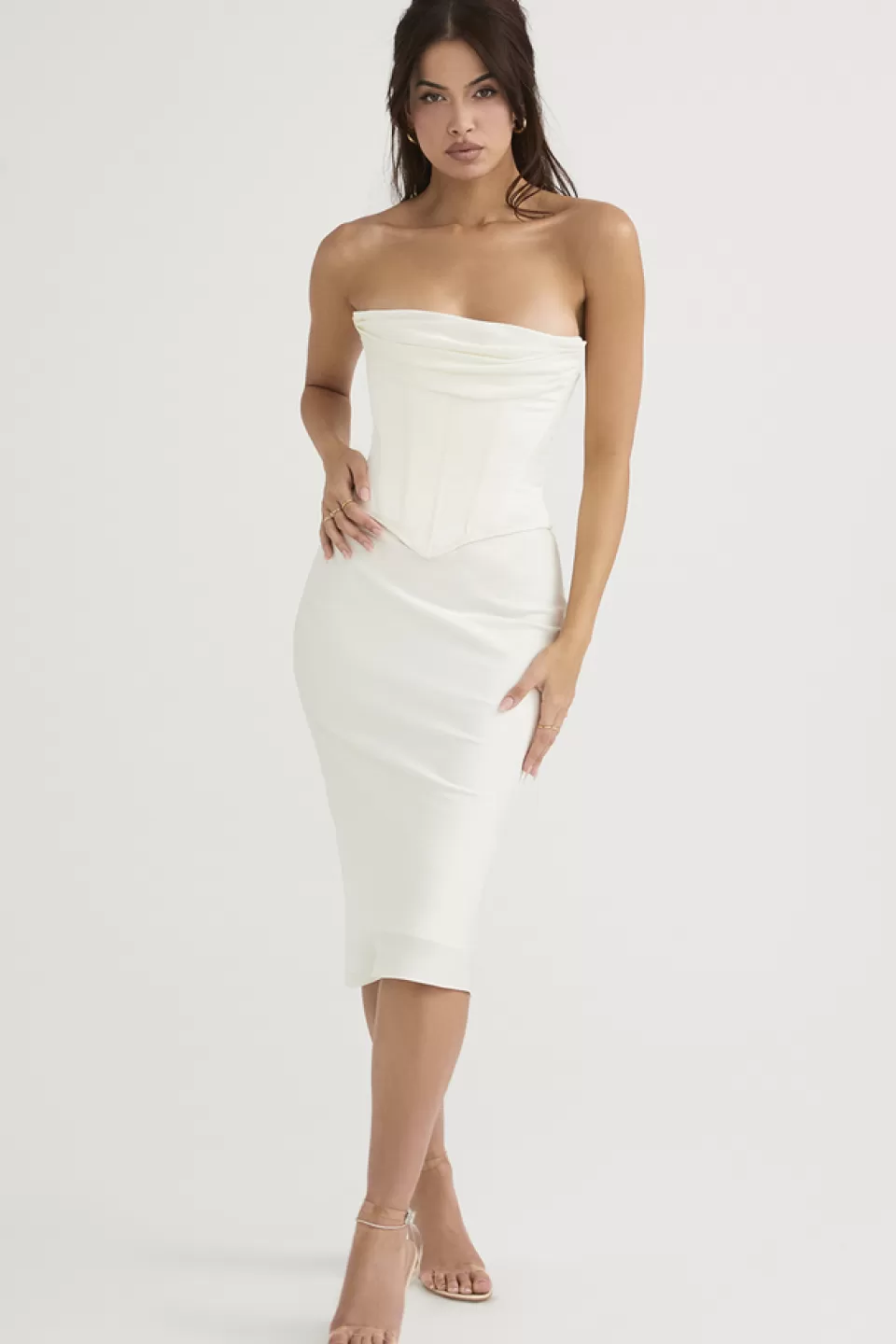 House of CB 'Sienna' Ivory Satin Strapless Corset Midi Dress Shop