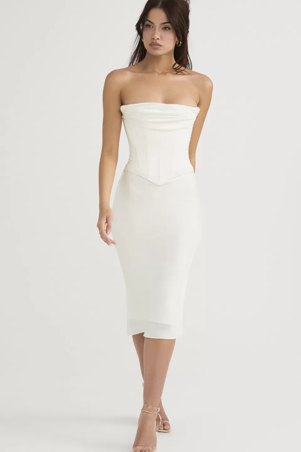 House of CB 'Sienna' Ivory Satin Strapless Corset Midi Dress Shop