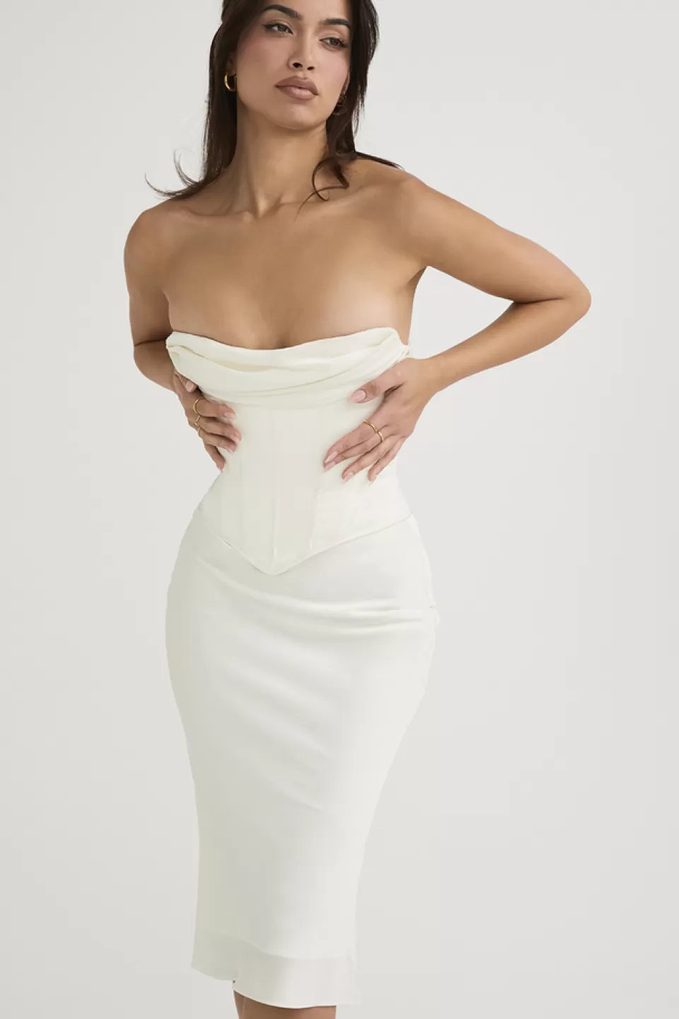 House of CB 'Sienna' Ivory Satin Strapless Corset Midi Dress Shop