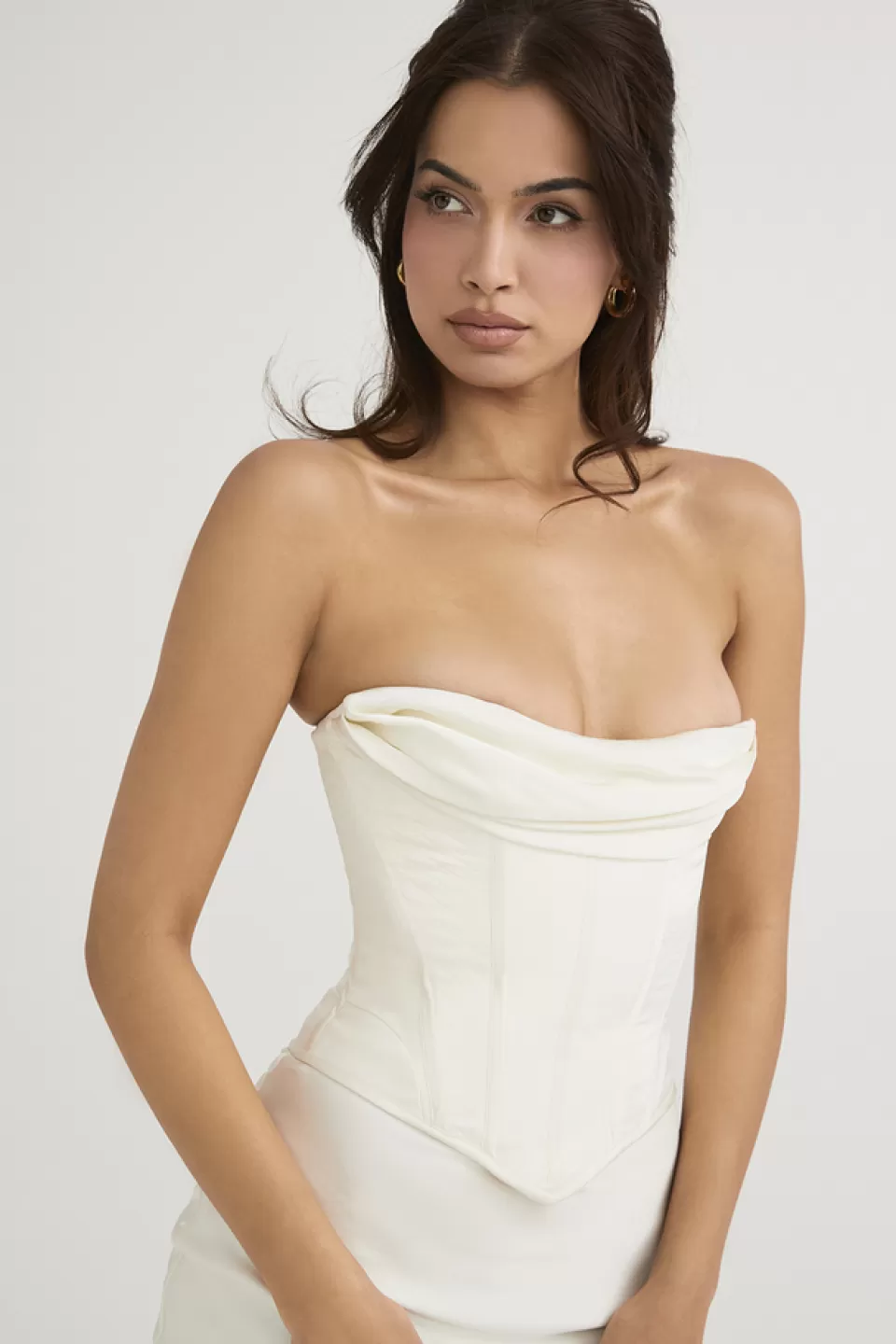 House of CB 'Sienna' Ivory Satin Strapless Corset Midi Dress Shop