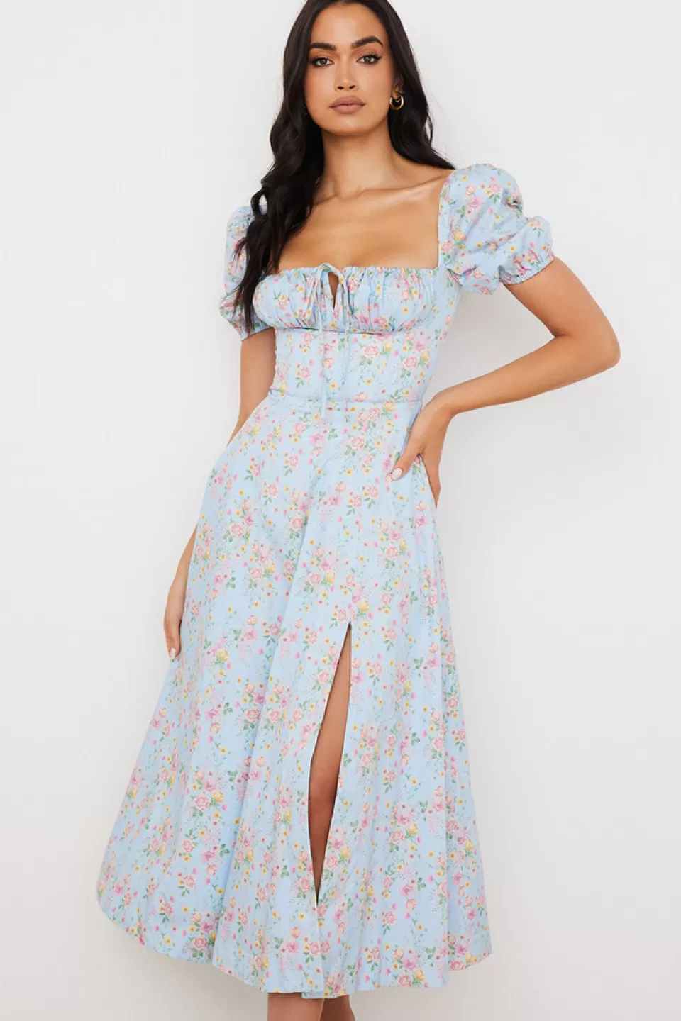 House of CB 'Tallulah' Blue Vintage Floral Puff Sleeve Midi Dress Discount